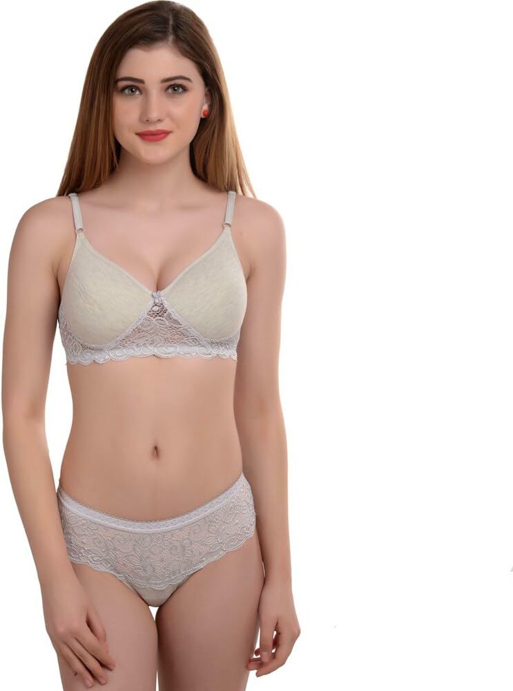 GenericAnshi Fashion Women's Net Full Coverage Lightly Padded Wire Free Bra Panty Lingerie Set