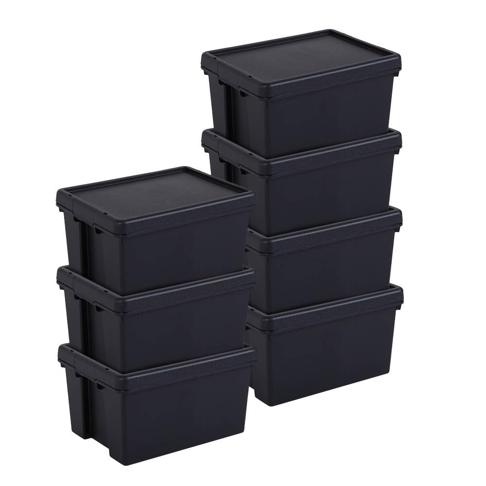 Box and beyond - Lot 7 Boîtes Stockage - 29 x 38,5 x 21,5 cm - 16L - Plastique Noir - Stockage, Outils, Bricolage - Ultra Résistant - Réutilisable - Garage, Cave, Buanderie