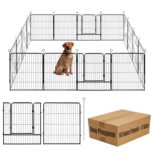 Dog Playpen,40 in(H) Pet Fence Outdoor for Rv Camping,Garden Fence Animal Barrie for Yard,Total 16 Panels with Gate 37.3Ft(L) Black Metal Temporary Fencing