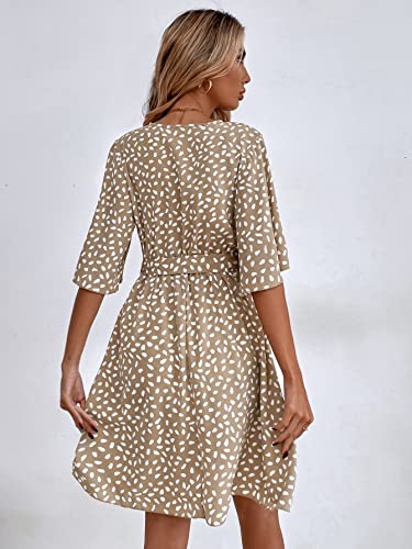 Oyoangle Women's All Over Print Short Flounce Sleeve V Neck Flared A Line Belted Dress Khaki L #TOP1