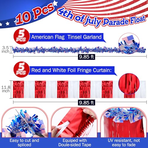 Image of Meonum 10 Pcs 4th of July Parade Float Decorations, American Flag Float Fringes and Patriotic Tinsel Garlands, Red White Blue Garland for Independence Day Memorial Day Decoration (American Flag)