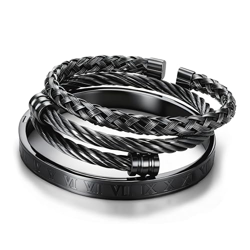 JeweBella 3 Pièces Bracelet Jonc Homme Argent/Or/Noir Acier...
