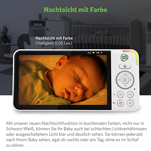 Leap Frog LF915HD videobabyfoon, kantel/draaibare camera, 5-inch HD-kleurendisplay, temperatuur/vochtigheidssensor, groothoeklens, intercomen, nachtzichtmodus, zoom, nachtlampje, wandmontage, wit - Afbeelding 6