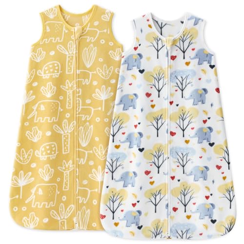 Unnivoll Fleece Baby Sleep Sack 6-12 Months 1.0 Tog Baby Wearable Blanket Microfleece Sleeping Sack with 2-Way Zipper for Newborn Infant Yellow & White Elephant