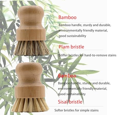 Image of Bamboo Dish Brush, Kitchen Dish Brush Set for Cleaning Dishes, Sinks, Cast Iron Pots /Woks and Vegetables, Sisal Bristles and Bamboo Grip - 1 Piece + Hook Set(Plam Brush Hook)