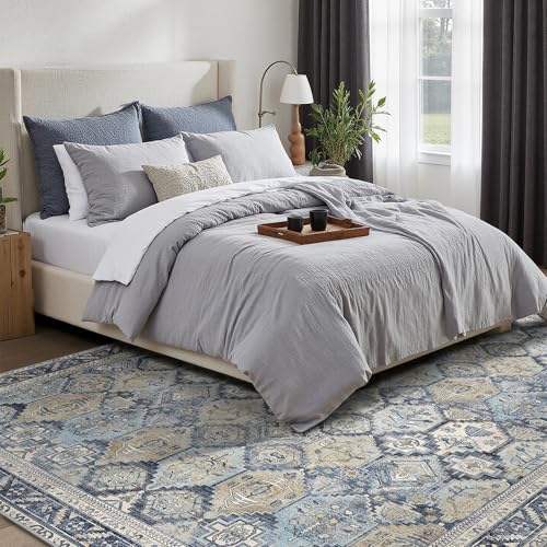 GENIMO 3x5 Area Rugs for Living Room, Machine Washable Non Slip Vintage Rugs, Low Pile Lightweight Chenille Print Rug for Bedroom, Dining Room, Home Office, Brown Blue