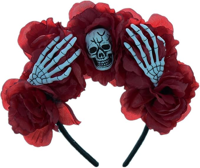 Women's Bohemian Rose Flower Headband Halloween Party Ghost Festival Headband Skeleton Head Mesh Hair Hoop