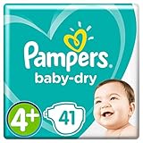 Pampers Baby-Dry Größe 4+, 41 Windeln, 10-15 kg, Essential Pack, Luftkanäle für atmungsaktive Trockenheit über Nacht