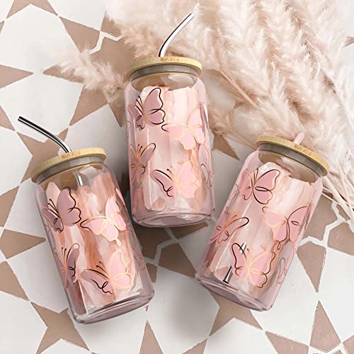 Iced Coffee Cup with Bamboo Lids and Straws | 16 oz Mason Jar Cups & Iced Coffee Tumbler with Lid and Straw | Glass Cups for Iced Coffee, Boba Cup | Beer Can Glass & Smoothie Cup - Butterfly - Image 5