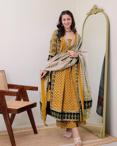 Image of ANNI Designer Women's Pure Cotton Anarkali Kurta Set for Women with Dupatta & Plazzo - Hand Block Print Suit Set | Stylish Dress | Cotton Kurta Set for Women