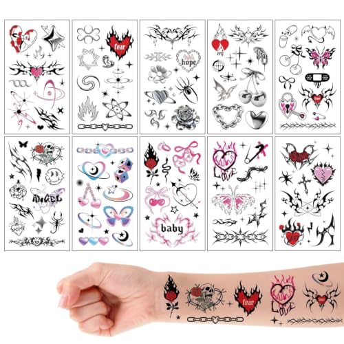 Image of MAYCREATE 10 Sheets Y2K Temporary Tattoos Stickers for Kids Girls Multicolor Cartoon Waterproof Body Art Tramp Stamp Temporary Tattoos for Parties and Creative Decoration