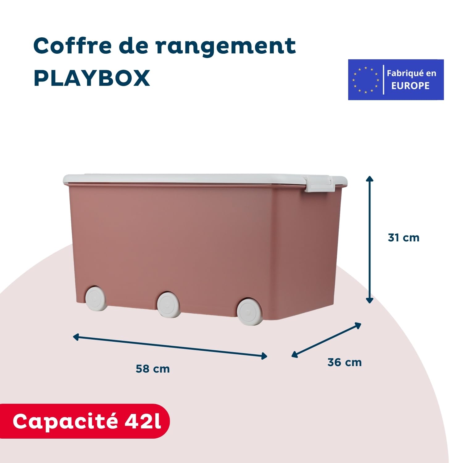 Thermobaby - Coffre de rangement PLAYBOX - MAXI 42 L - Lot de 3 Boites de Rangement - Caisse de Rangement en Plastique avec Couvercle - Clips de Fermeture - Poignée - Empilable - Rose