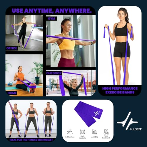 Image of PulseITThera Resistance Bands for Workout. Pilates, Yoga & Home Exercise Bands. Latex Bands for Gym, Strength Training, Stretching & Toning. Fitness Bands for Men & Women (Purple)