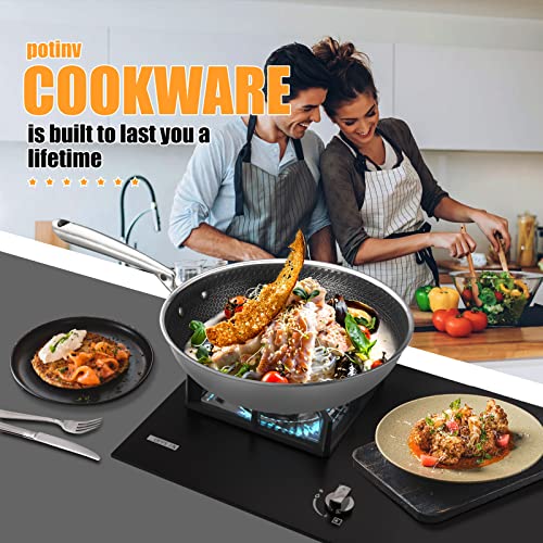 Potinv Nonstick Wok Pan With Lid,Honeycomb Wok Frying Pan 12 Inch With Stay Cool Handle,Stainless Steel Cooking Wok,Induction Compatible,Scratch Resistant,Dishwasher And Oven Safe #TOP3