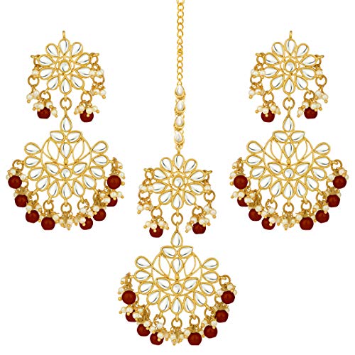 Aheli Traditional Faux Kundan Beaded Earrings with Maang Tikka Set Bollywood Ethnic Fashion Jewelry for Women (Maroon)
