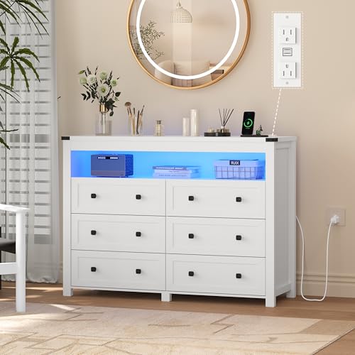 Image of Wodeer White Dresser 6 Drawer Dressers for Bedroom with LED Lights, Charging Station, Wood Chest of Drawers with Metal Handles, Modern TV Stand Storage Cabinet for Living Room, Hallway, Entryway