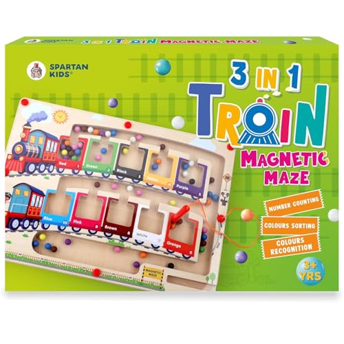 Image of Spartan Kids 3 in 1 Train Magnetic Maze Wooden Learning Toy, Magnetic Color Sorting Board and Colour Sorting Set for Counting, Fine Motor Skills and Preschool Fun