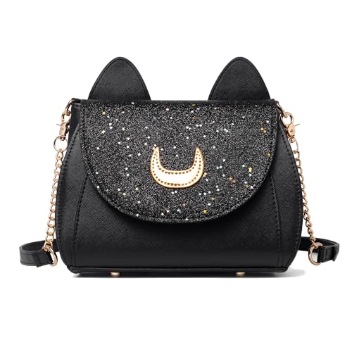 Women Kawaii Handbag Cosplay Gothic Crossbody Cat and Moon Purse Sequin Satchel Shoulder Bag