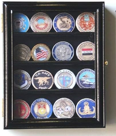 XS Military Challenge Coin Display Case Cabinet Holder Rack Box Holds up to 20 Coins, 98% UV, Lockable -Black
