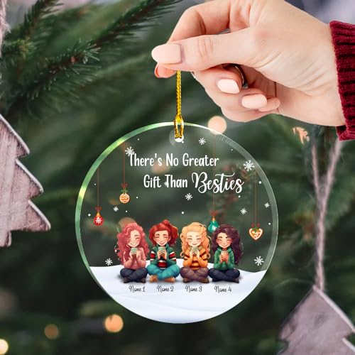 No Greater Gift Than Besties Clear Plastic Ornaments, Christmas Decorations Personalized Name Four Girls Wear Sweater with Chocolate Cup Acrylic Ornaments, Gifts for Sister Friends Bestie3