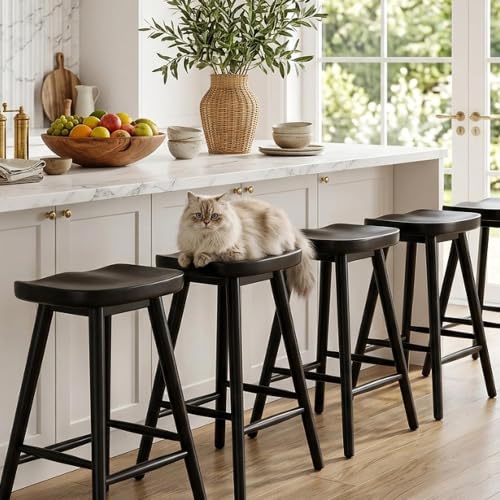 Image of HNY Backless Black Bar Stools Set of 3, Modern Counter Height Barstools 24 Inch Rustic Farmhouse Bar Height Saddle Stools with Ergonomic Seat, Wooden Stools for Kitchen Counter Island