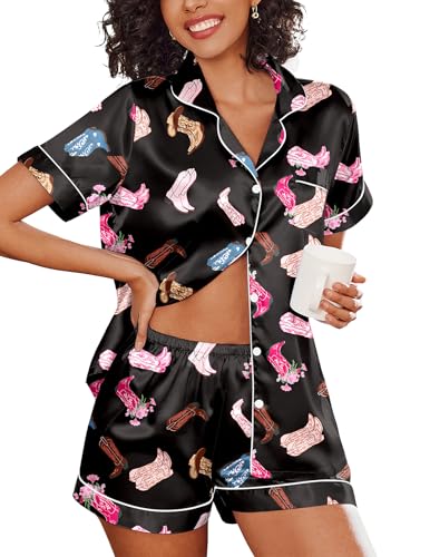 Image of Ekouaer Women's Silk Satin Pajama Set Short Sleeve Pjs Shorts Set S-XXL