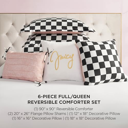 Image of Juicy Couture Reversible Checkerboard Comforter Set 6-Piece Full /Queen Set, Black /White