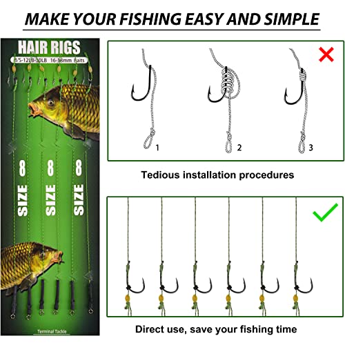 Carp Fishing Hair Rigs Kit, 24Pcs Curve Carp Hooks Carp Fishing Bait Rigs Braided Thread Line Leader Carp Boilies Carp Fishing Equipment #TOP3