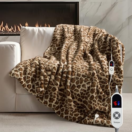blunique Luxury Faux Fur Heated Blanket Electric Throw - Leopard Print Ultra Soft Thick Warm Heated Blanket 6 Heating Levels & 12 Hours Auto-Off ETL Certified Washable Luxurious Gifts 50x60