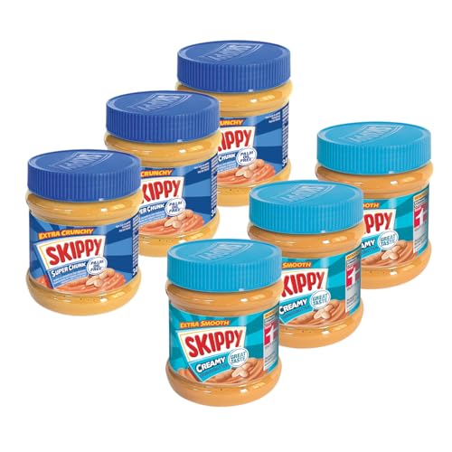 SKIPPY 6x 340g Erdnussbutter | 3x Creamy + 3x Crunchy | Peanutbutter Ohne Palmöl | Extra Smooth und Crunchy | Leckere Erdnussbutter mit vollem und cremigen Geschmack