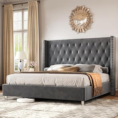 PaPaJet Tufted Upholstered Platform Bed Frame King Size Velvet Low Profile Platform Beds Raised Wingback Headboard with Strong Wooden Slats/Mattress Foundation/Easy Assembly Cover