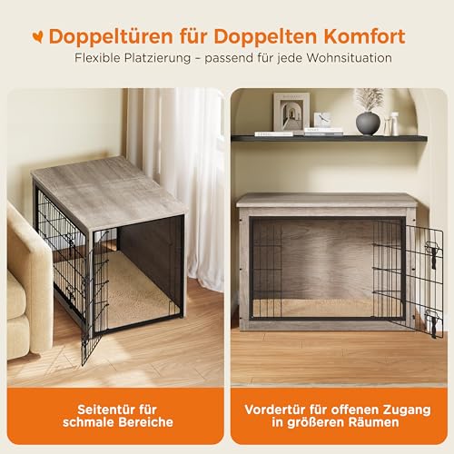 Yaheetech Hundekäfig Möbel mit Hundedecke & 2 Türen, Hundebox für Zuhause, Moderne Hundehütte Indoor, Hundebox Holz für Wohnzimmer, 96x65x68 cm, Grau