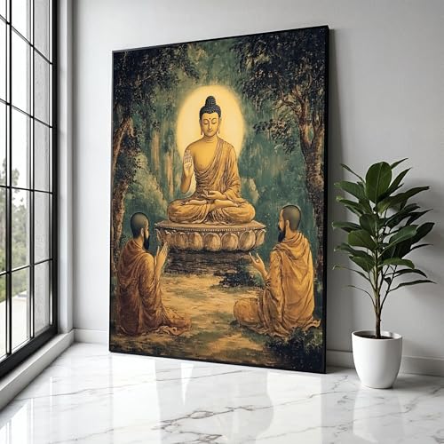 Tableau sur toile Bouddha 60x80cm avec cadre intérieur en bois pour salon zen
