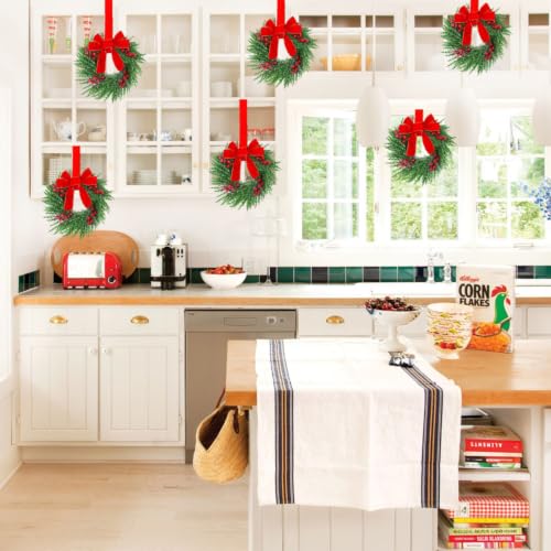 Image of YoleShy 8 Pcs Small Christmas Wreath 12 inch Mini Wreaths for Cabinets, Small Wreath with Berry & Red Velvet Bow Ribbon, Window Wreaths Christmas Cabinet Wreaths for Kitchen Front Door Chair Wall