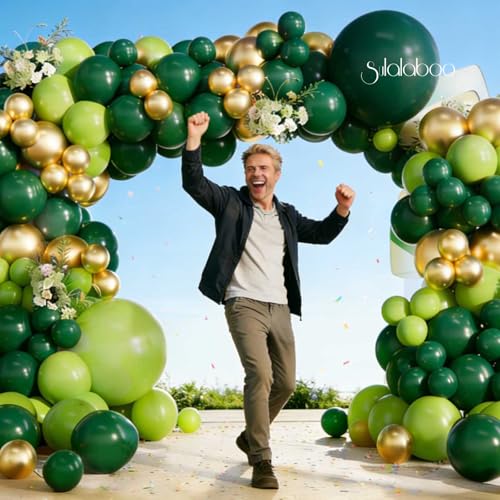 Image of Green Balloons Arch Kit 155Pcs Metallic Gold 18 10 5 Inch | Dark Light Green Balloon Different Sizes Latex Garland for Birthday Anniversary Graduation Jungle Party Decorations