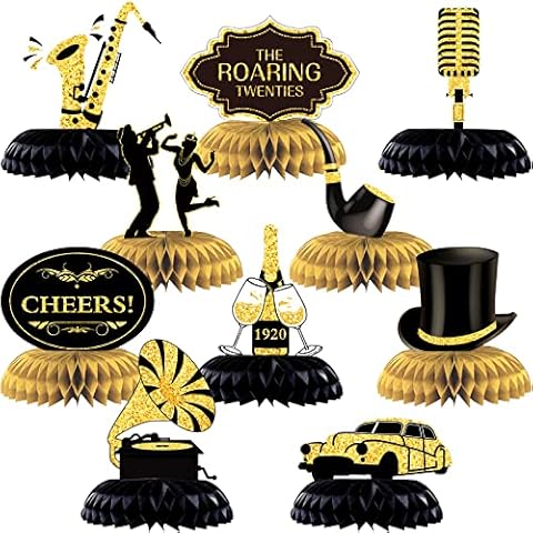10 Pieces Roaring 1920's Party Centerpiece Decorations Black and Gold Birthday Party Decorations Jazz Party Table Decoration for Anniversary Birthday 1920s Vintage Jazz Flapper Wedding Party Supplies Cover