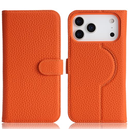 Image of Detachable Genuine Leather Case for iPhone 17 Pro Wallet Case Magnetic 2in1 Removable Flip Cover Book Purse Compatible with Magsafe Charging Kickstand Card Holder-Orange