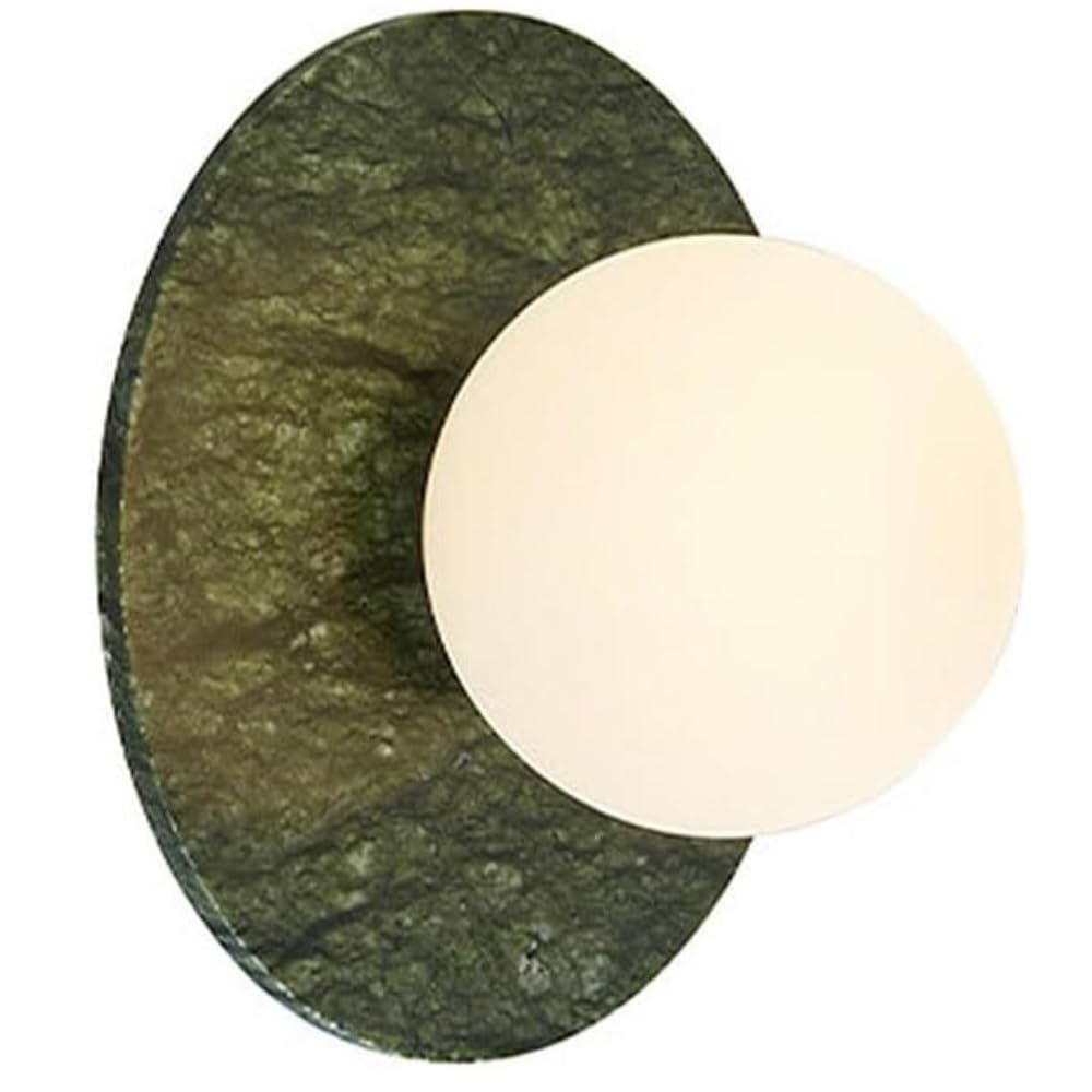 NHPJFDC Modern Nordic Natural Green Marble Wall Sconce Minimalist Circular Stone Wall Lamp Milky Artistic Glass Globe Light Fixture for Bedroom Living Room Hallway Entryway Lighting