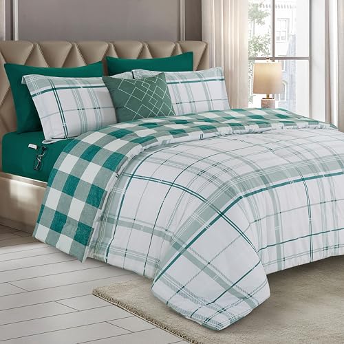 Image of Elegant Comfort 8-Piece Lodge Plaid Reversible Comforter Set - All Season Bed in a Bag, 4-Piece Sheet Set Featuring Smart Pockets, Matching Shams and Decorative Pillow, Twin /Twin XL, Sage