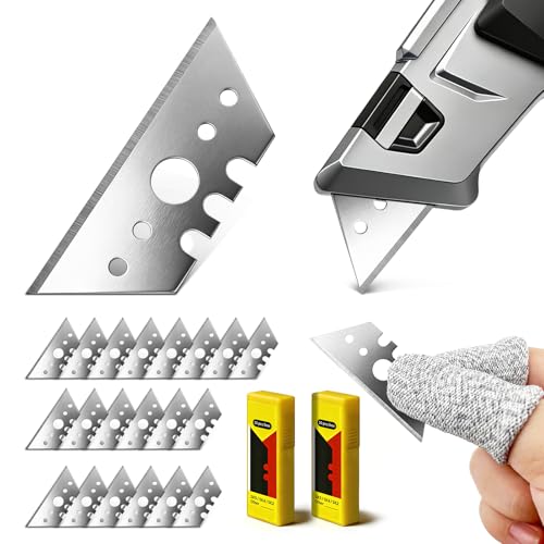 Trapezklingen Trapezklinge Cuttermesser Klingen Teppichmesser Klingen - 20X Trapezklingen Messer 52mm Cuttermesser Sicherheitsmesser Ersatzklinge mit 2 Schnittschutz-Fingerlingen für Sicheres Arbeiten