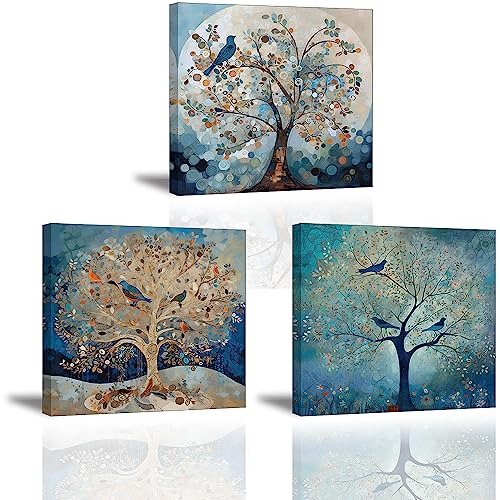 PIY PAINTING Quadro su Tela Blu Stampa Albero Astratto Quadri Moderni Immagine Pittura Dipinto su tela con telaio interno in legno per Cucina Camera da letto Ufficio Ristorante Bar, 3 pezzi, 30x30 cm