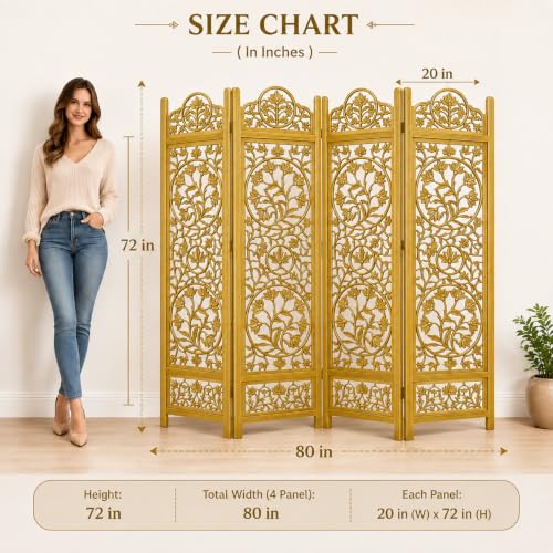 Image of Wooden Room Partition and Folding Privacy Screens Wooden Room Divider for Bedroom Home Office Room Divider Room Partition (6 Feet 4 Panel Golden Each Panel 72X20 Inch)