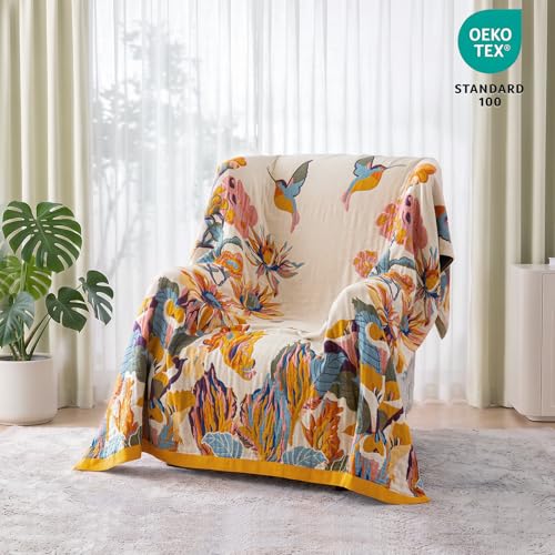 Image of MSGKV Boho Throw Blanket 50 inchx60 inch Cotton Throw for Couch Sofa, Floral Quilt