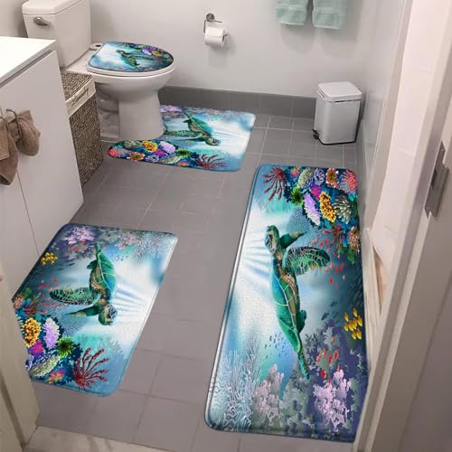 DSMEUE 4 Pieces Bathroom Rug Sets,Turtle Ocean Animal Coral Sea