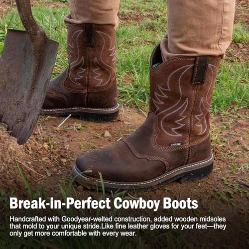 Image of Showave Steel Toe Cowboy Boots for Men Western Square Toe Work Boot Full-grain Leather Safety Boots with Hazard Protection for Construction Manufacture Farming