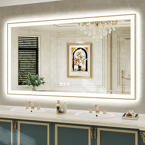 Image of 68x38 LED Bathroom Mirror with Lights, Gold Framed Lighted Mirror | Backlit and Front light, Anti-Fog, 3 Color Dimmable, Memory, Tempered Glass, IP54 Waterproof, UL Listed