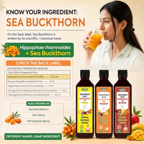 Image of Jeena Sikho Swaranfalam Amrit Himalayan Sea Buckthorn Berry Pulp /Juice Concentrate | Orange Flavour | With Ashwagandha | Cold-Pressed | Natural Vitamin C, Omega 3 6 7 9 & Antioxidants | Supports Immunity, Skin Glow & Gut Health | Ayurvedic Sea buckthorn Juice