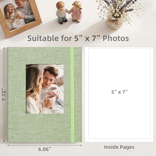Remowith 5x7 Photo Album, Slip In Fabric Cover Scrapbook with Front Window, Holds 52 Photos (26 Pockets), for Baby, Wedding, Travel, Green