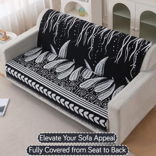 Image of HOKIPO Serene Abode Sofa Cover 3 Seater, 180x175 cm, Black Fern Tribal