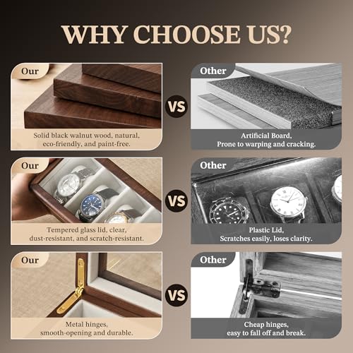 Image of Solid Black Walnut Watch Box, 6 Slot Wooden Watch Organizer with Glass Lid, High-End Watch Display Case Jewelry Storage Box, Gift for Husband, Dad, Birthday, Anniversary, Father's Day, Men and Women